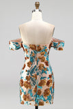 Blue Floral Sequin Tight Off the Shoulder Short Homecoming Dress