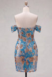 Blue Floral Sequin Tight Off the Shoulder Short Homecoming Dress