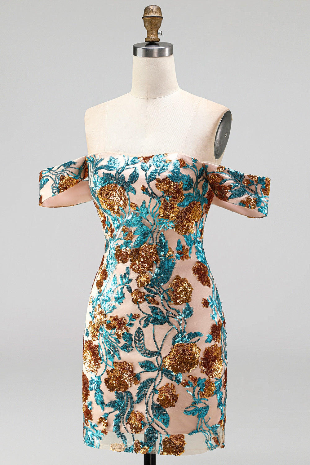 Blue Floral Sequin Tight Off the Shoulder Short Homecoming Dress