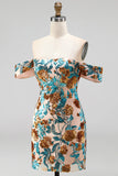 Blue Floral Sequin Tight Off the Shoulder Short Homecoming Dress
