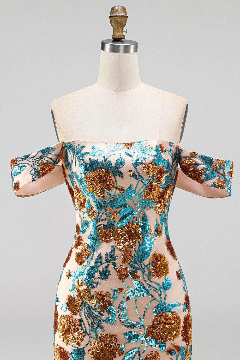 Blue Floral Sequin Tight Off the Shoulder Short Homecoming Dress