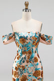 Blue Floral Sequin Tight Off the Shoulder Short Homecoming Dress