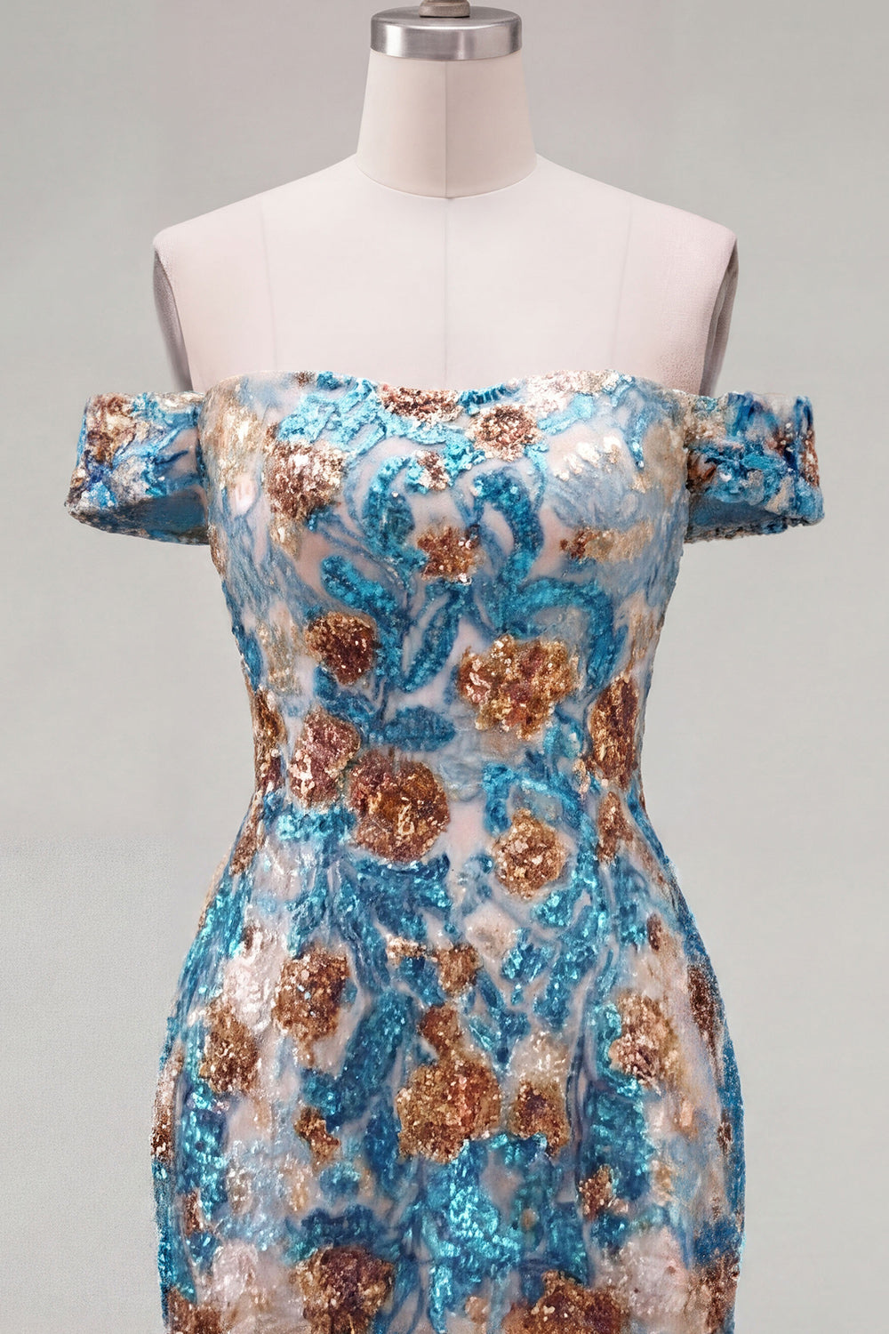 Blue Floral Sequin Tight Off the Shoulder Short Homecoming Dress