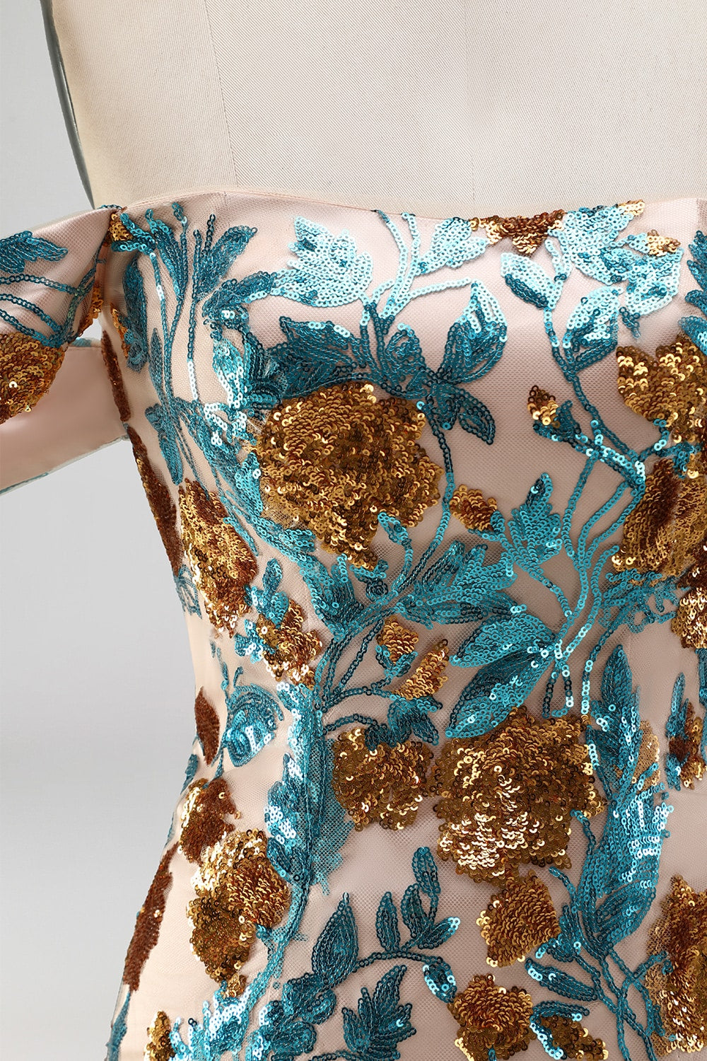 Blue Floral Sequin Tight Off the Shoulder Short Homecoming Dress