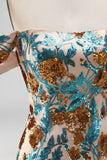 Blue Floral Sequin Tight Off the Shoulder Short Homecoming Dress
