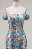 Blue Floral Sequin Tight Off the Shoulder Short Homecoming Dress