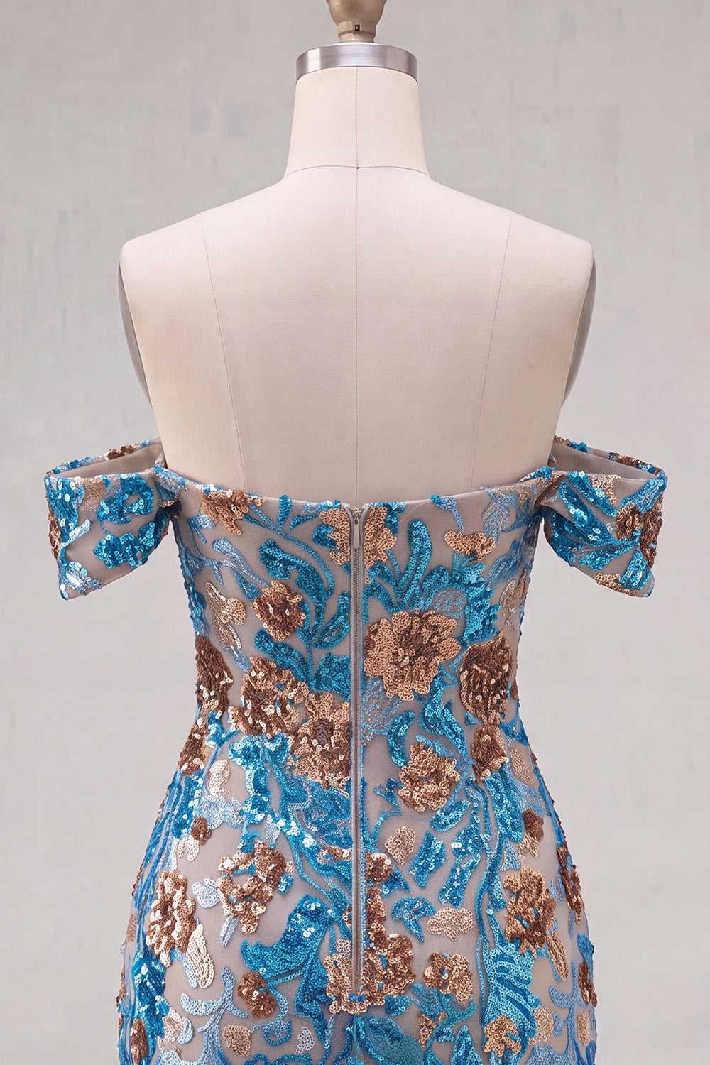 Blue Floral Sequin Tight Off the Shoulder Short Homecoming Dress