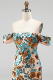 Blue Floral Sequin Tight Off the Shoulder Short Homecoming Dress