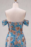 Blue Floral Sequin Tight Off the Shoulder Short Homecoming Dress