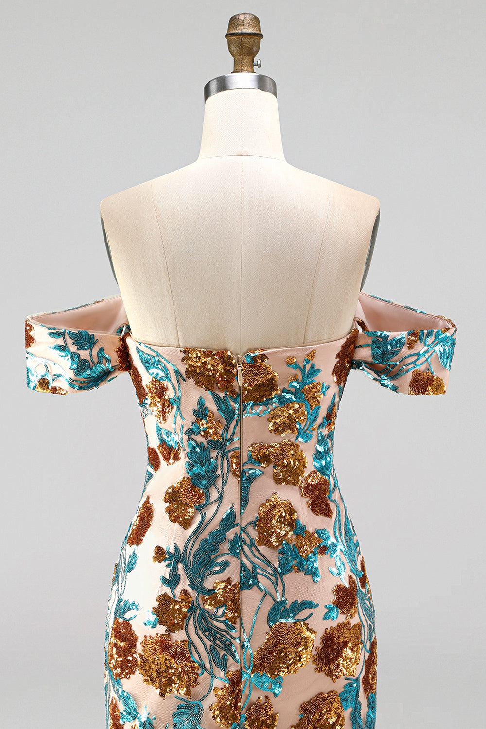 Blue Floral Sequin Tight Off the Shoulder Short Homecoming Dress