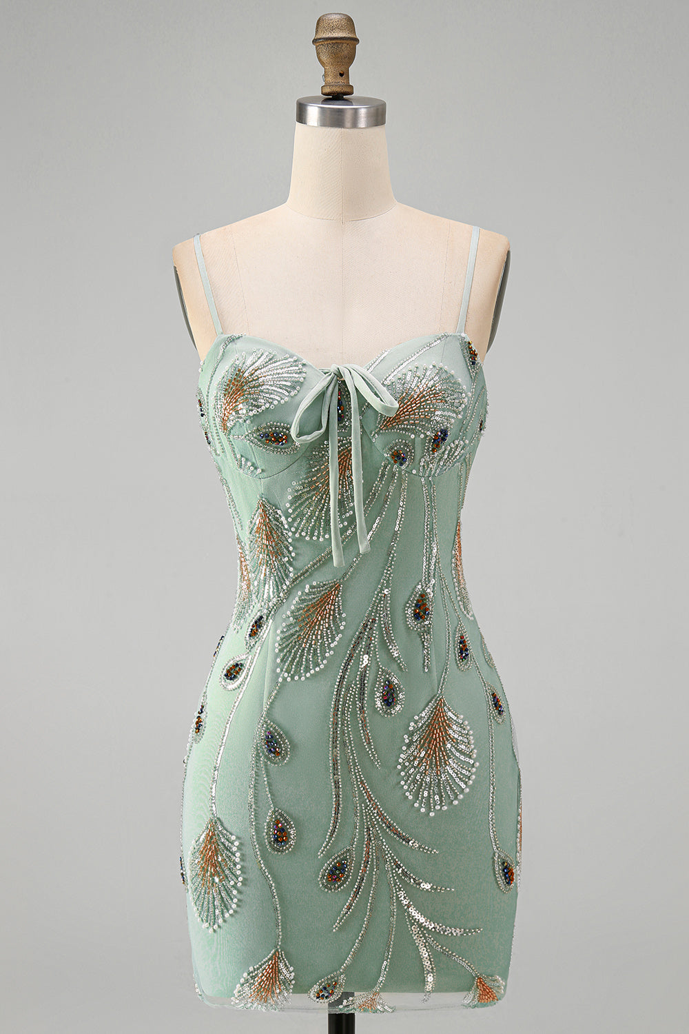 Sage Green Tight Short Beaded Homecoming Dress with Bow