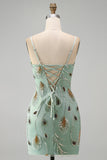 Sage Green Tight Short Beaded Homecoming Dress with Bow