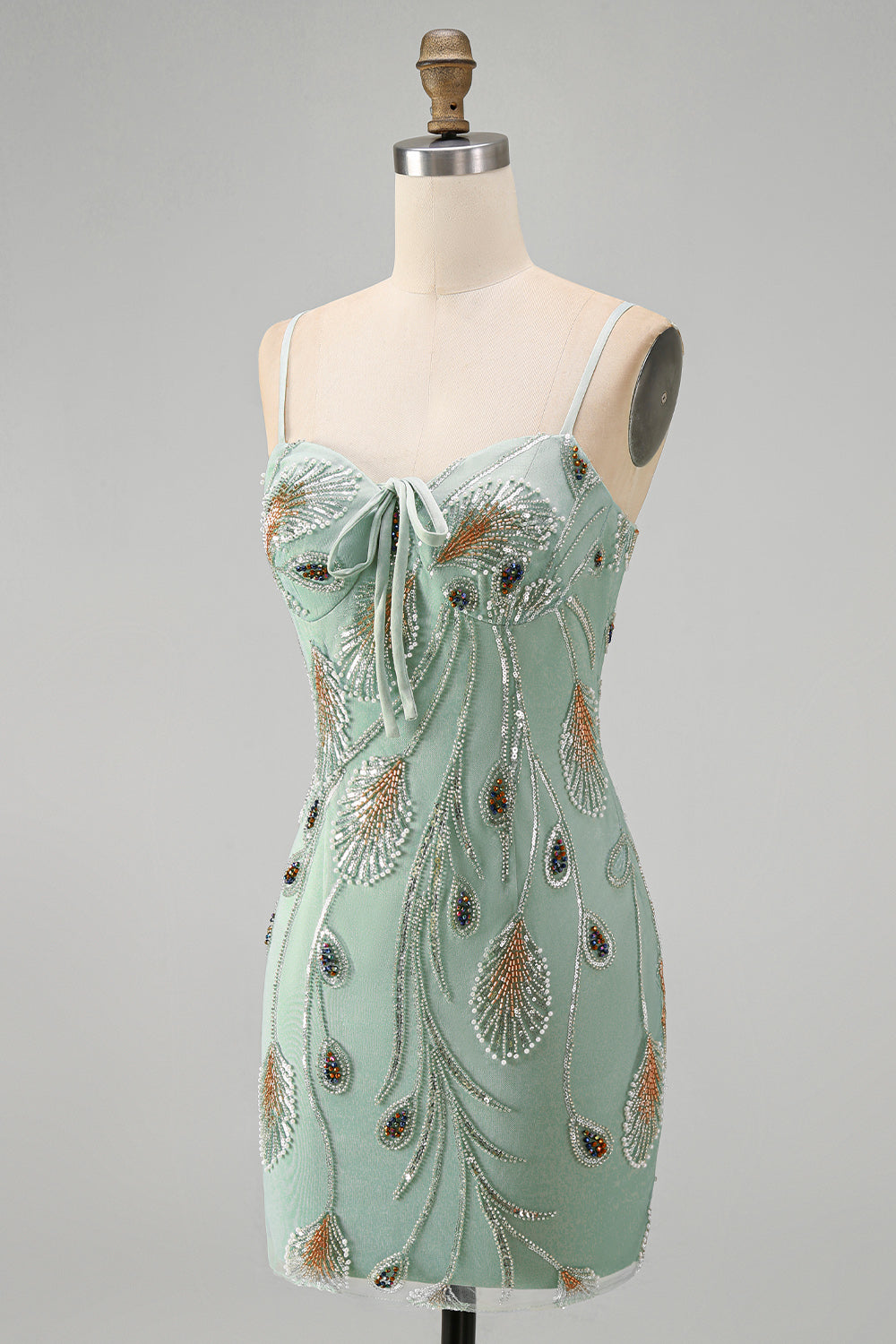 Sage Green Tight Short Beaded Homecoming Dress with Bow