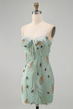 Sage Green Tight Short Beaded Homecoming Dress with Bow