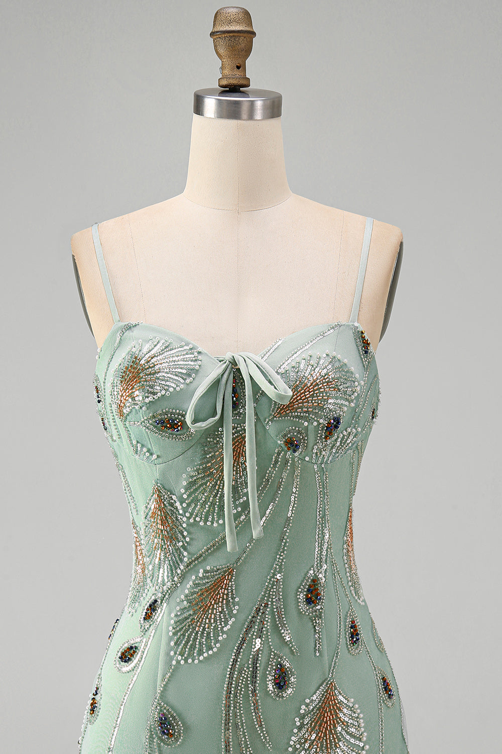 Sage Green Tight Short Beaded Homecoming Dress with Bow