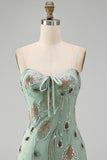 Sage Green Tight Short Beaded Homecoming Dress with Bow