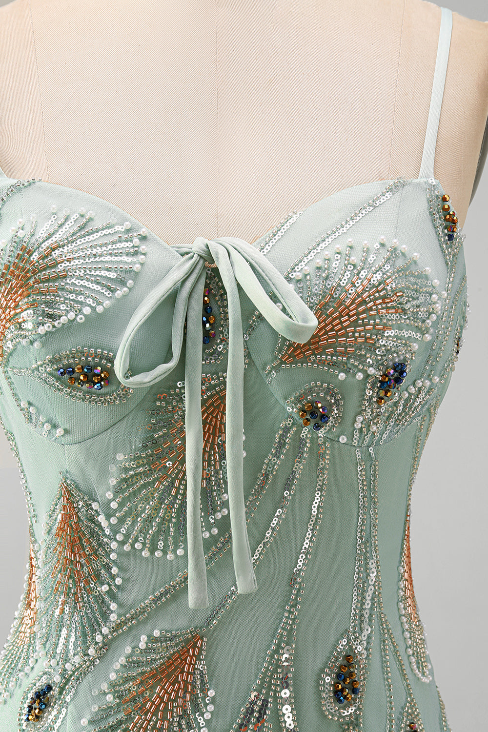 Sage Green Tight Short Beaded Homecoming Dress with Bow