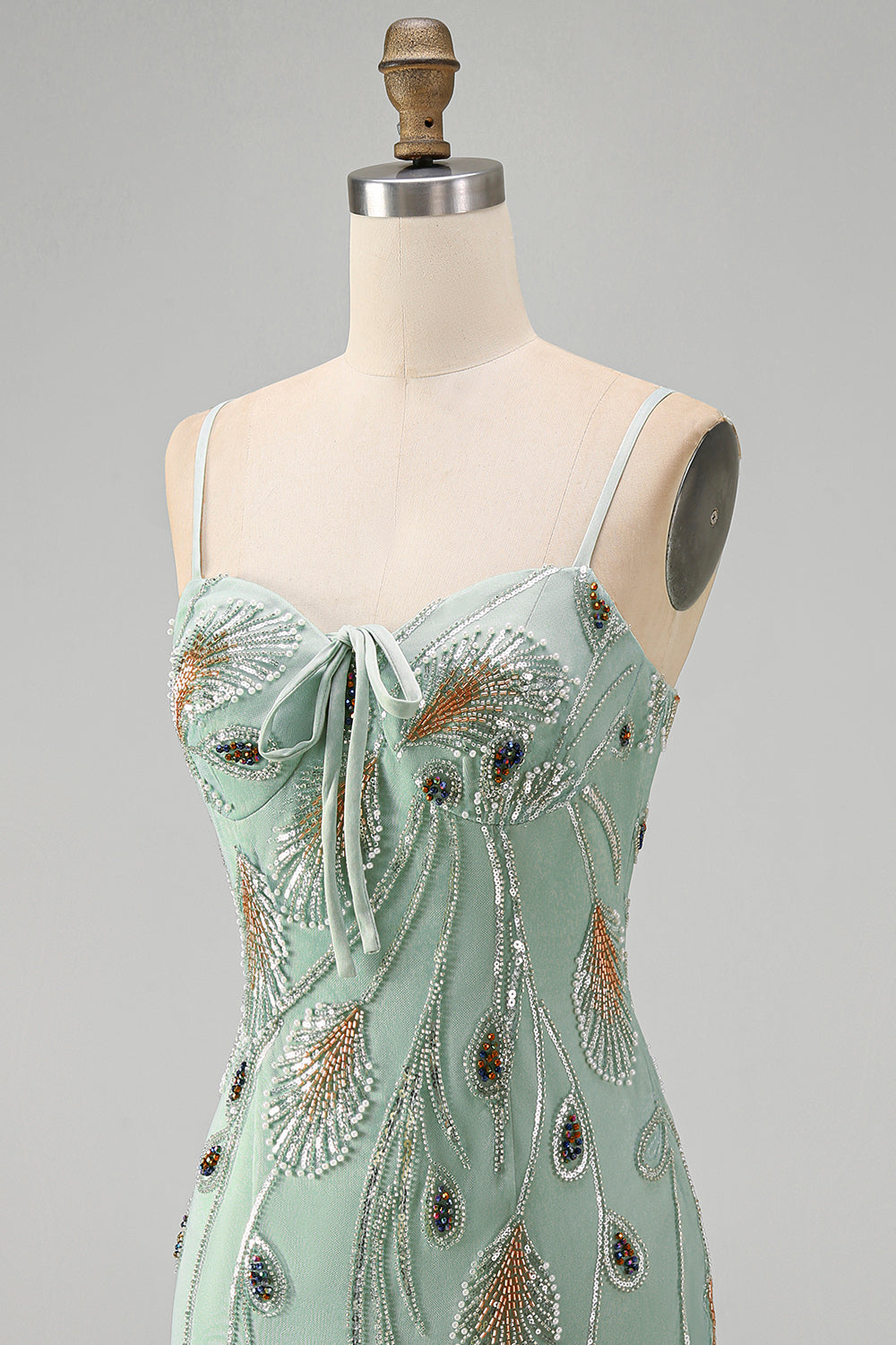 Sage Green Tight Short Beaded Homecoming Dress with Bow
