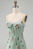 Sage Green Tight Short Beaded Homecoming Dress with Bow