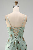 Sage Green Tight Short Beaded Homecoming Dress with Bow