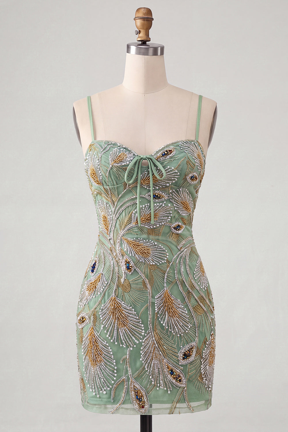 Sage Green Tight Short Beaded Homecoming Dress with Bow
