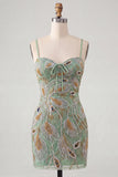 Sage Green Tight Short Beaded Homecoming Dress with Bow