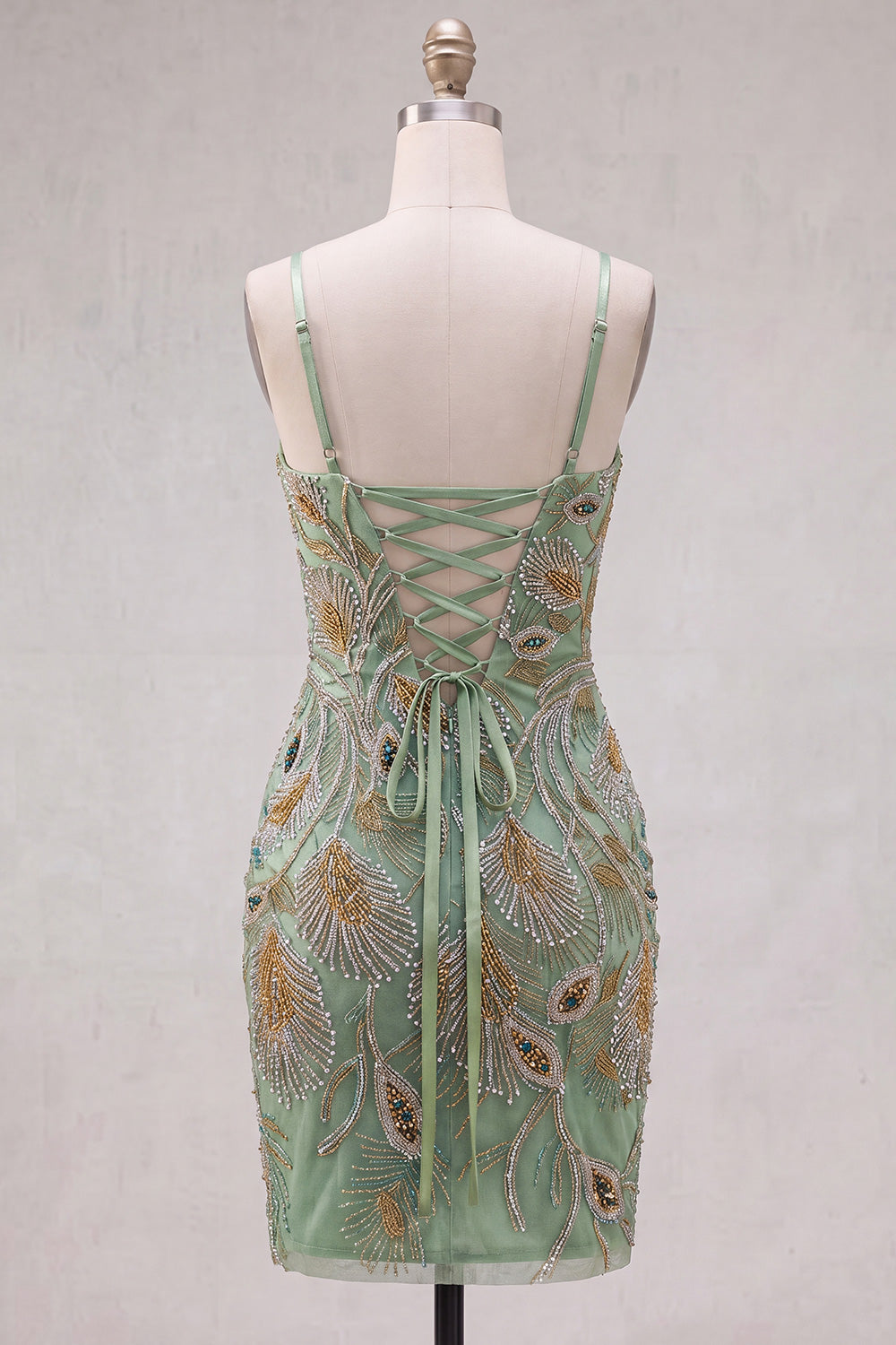 Sage Green Tight Short Beaded Homecoming Dress with Bow