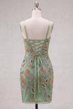 Sage Green Tight Short Beaded Homecoming Dress with Bow