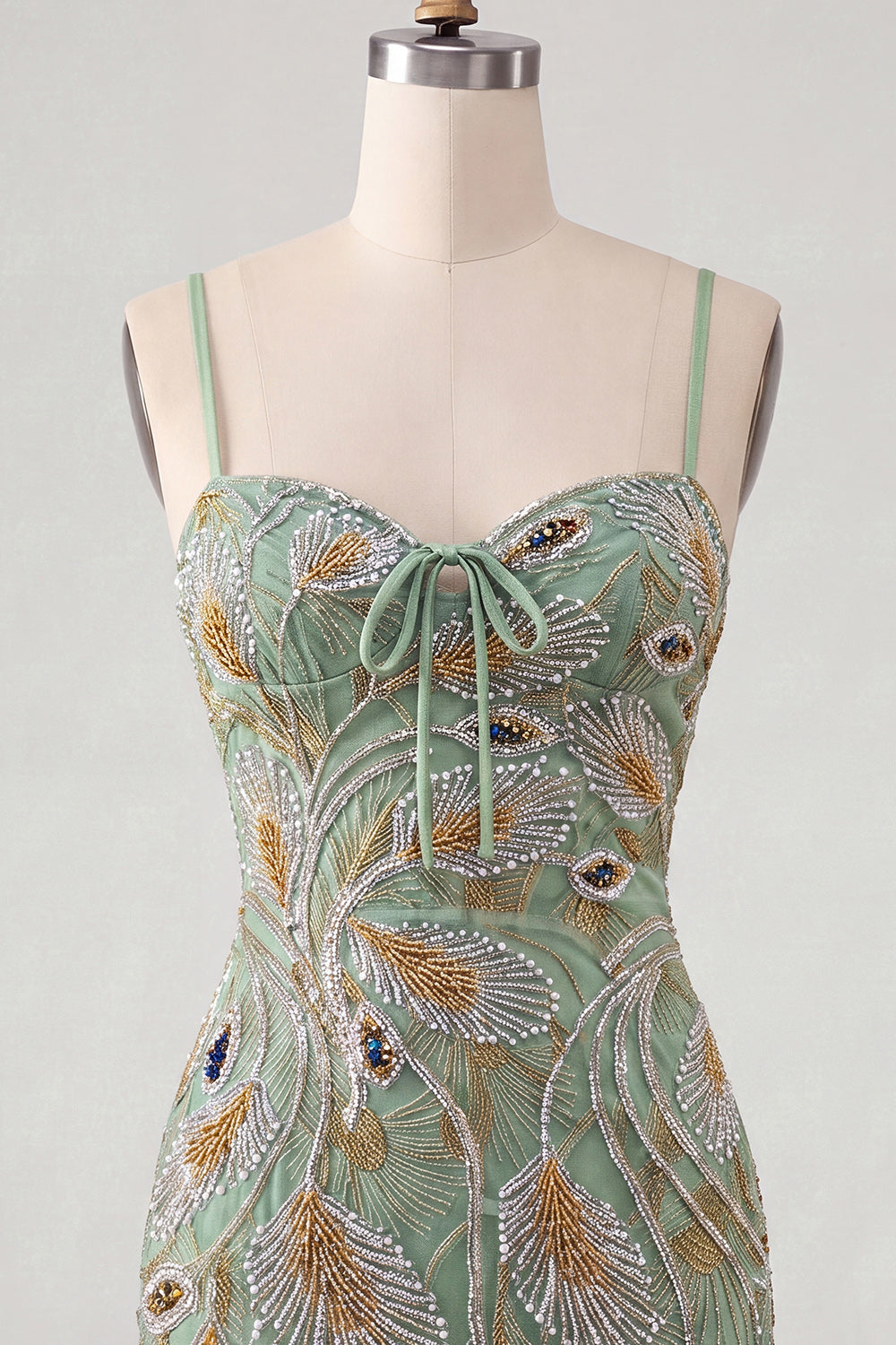 Sage Green Tight Short Beaded Homecoming Dress with Bow