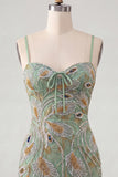 Sage Green Tight Short Beaded Homecoming Dress with Bow