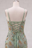 Sage Green Tight Short Beaded Homecoming Dress with Bow