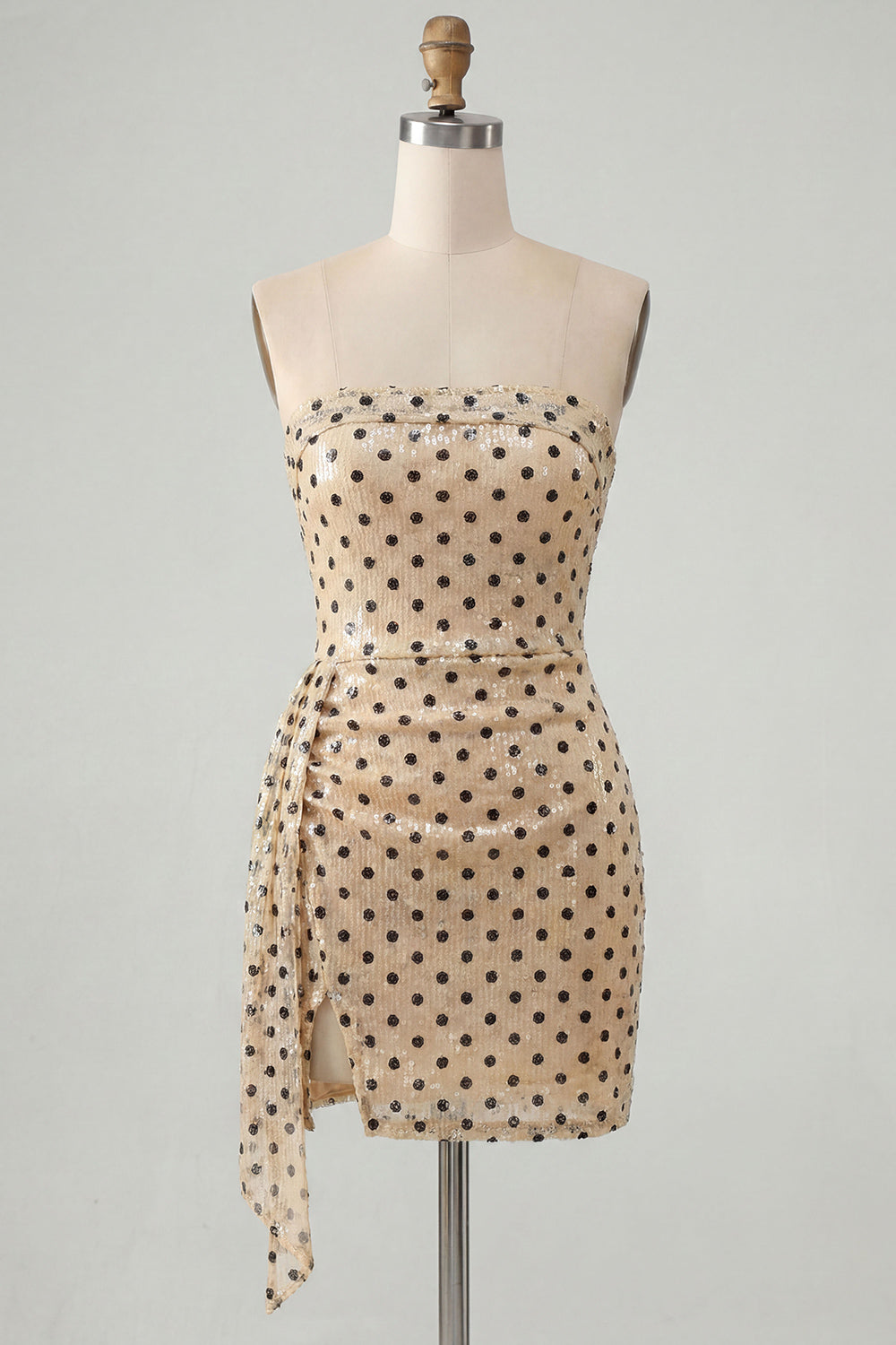 Champagne Black Dot Tight Strapless Sequin Short Homecoming Dress with Sash