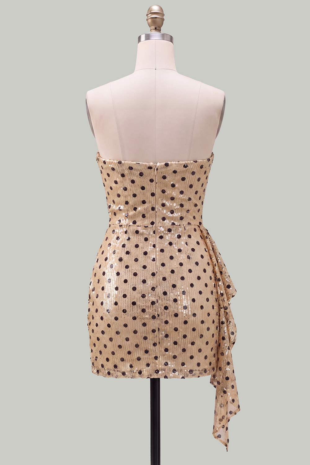 Champagne Black Dot Tight Strapless Sequin Short Homecoming Dress with Sash