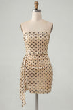 Champagne Black Dot Tight Strapless Sequin Short Homecoming Dress with Sash