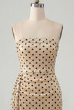Champagne Black Dot Tight Strapless Sequin Short Homecoming Dress with Sash