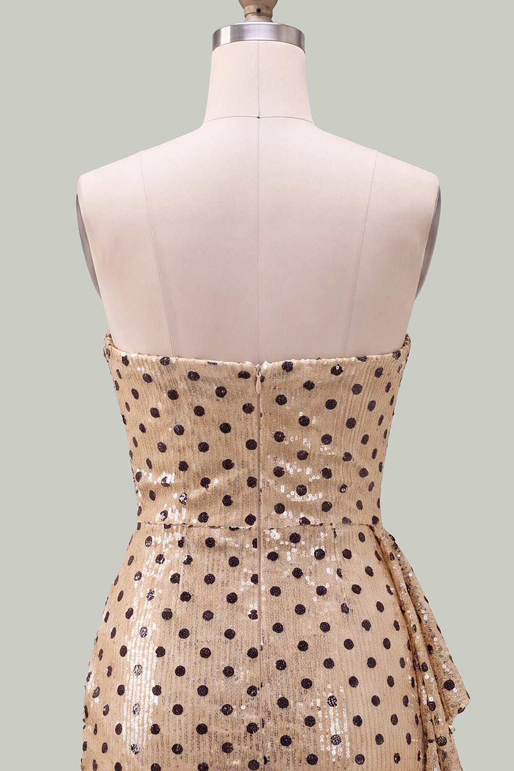Champagne Black Dot Tight Strapless Sequin Short Homecoming Dress with Sash