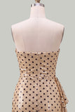 Champagne Black Dot Tight Strapless Sequin Short Homecoming Dress with Sash