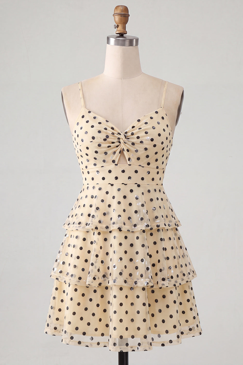 Champagne Black Dot Tiered A Line Keyhole Short Homecoming Dress