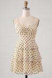 Champagne Black Dot Tiered A Line Keyhole Short Homecoming Dress