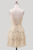 Champagne Black Dot Tiered A Line Keyhole Short Homecoming Dress