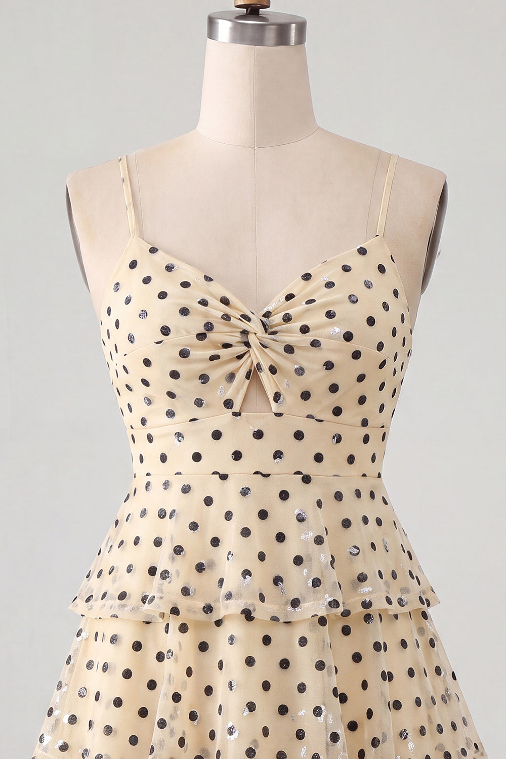 Champagne Black Dot Tiered A Line Keyhole Short Homecoming Dress