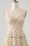 Champagne Black Dot Tiered A Line Keyhole Short Homecoming Dress