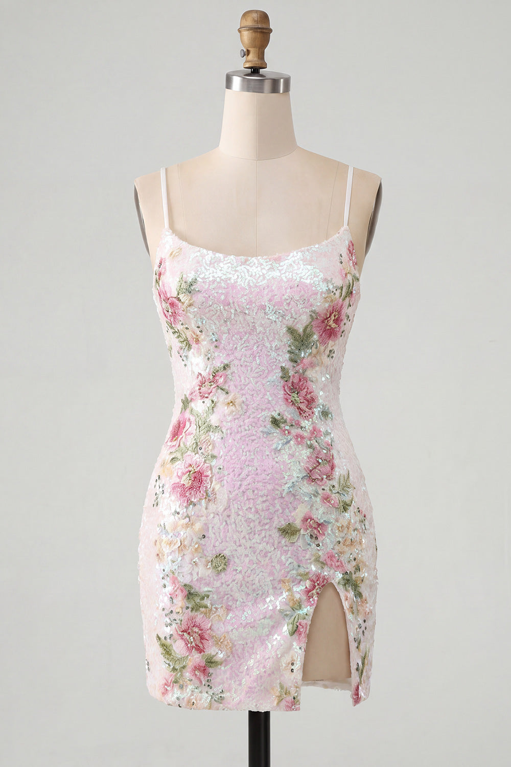 Sparkly White Floral Tight Spaghetti Straps Short Homecoming Dress with Slit