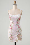 Sparkly White Floral Tight Spaghetti Straps Short Homecoming Dress with Slit