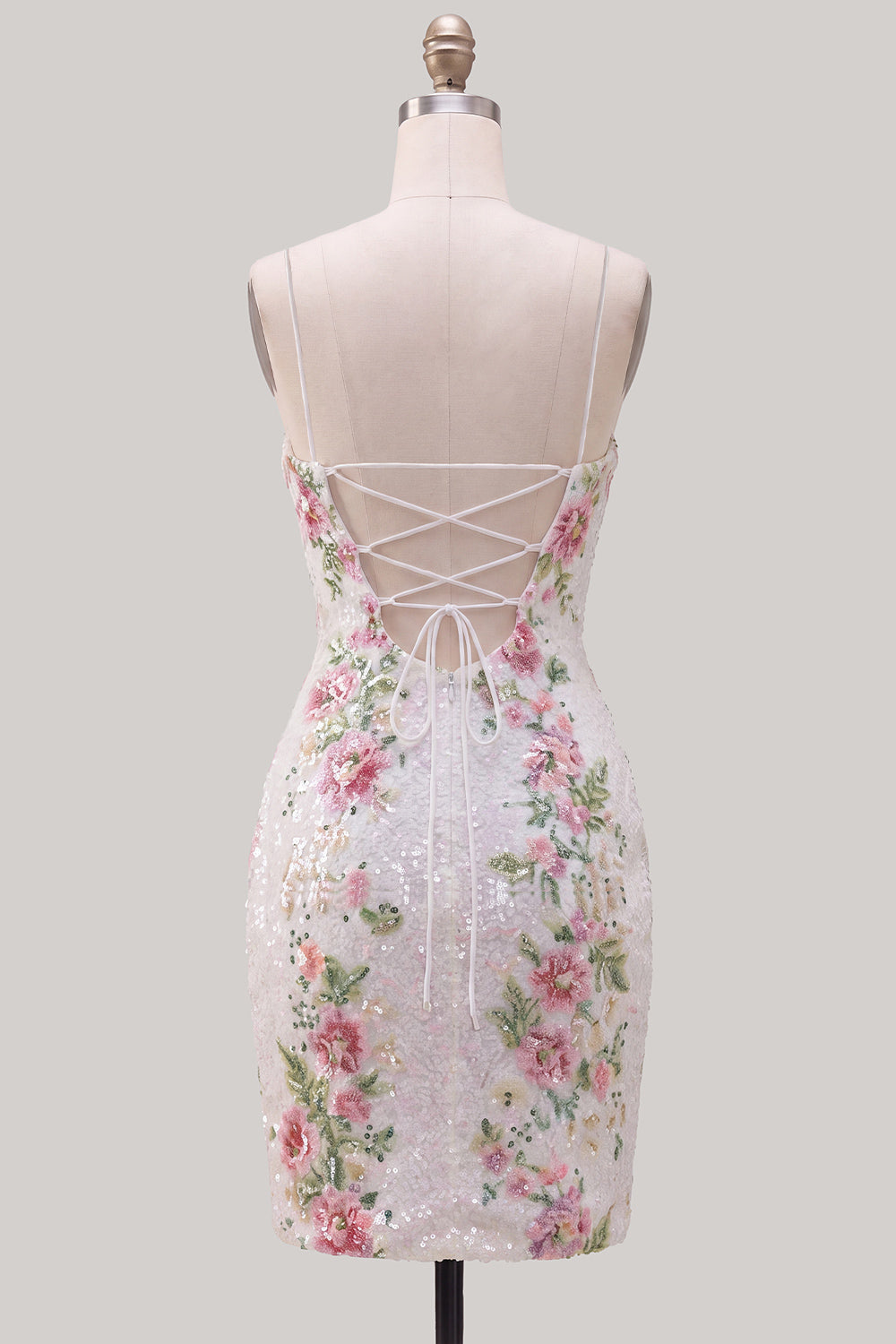Sparkly White Floral Tight Spaghetti Straps Short Homecoming Dress with Slit