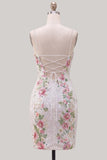 Sparkly White Floral Tight Spaghetti Straps Short Homecoming Dress with Slit