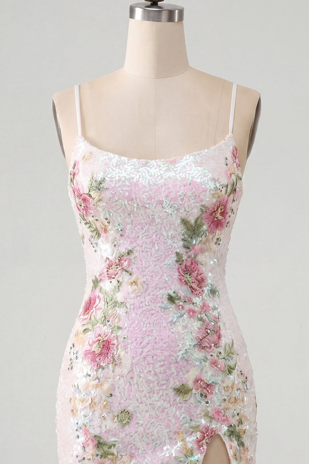 Sparkly White Floral Tight Spaghetti Straps Short Homecoming Dress with Slit