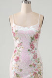 Sparkly White Floral Tight Spaghetti Straps Short Homecoming Dress with Slit