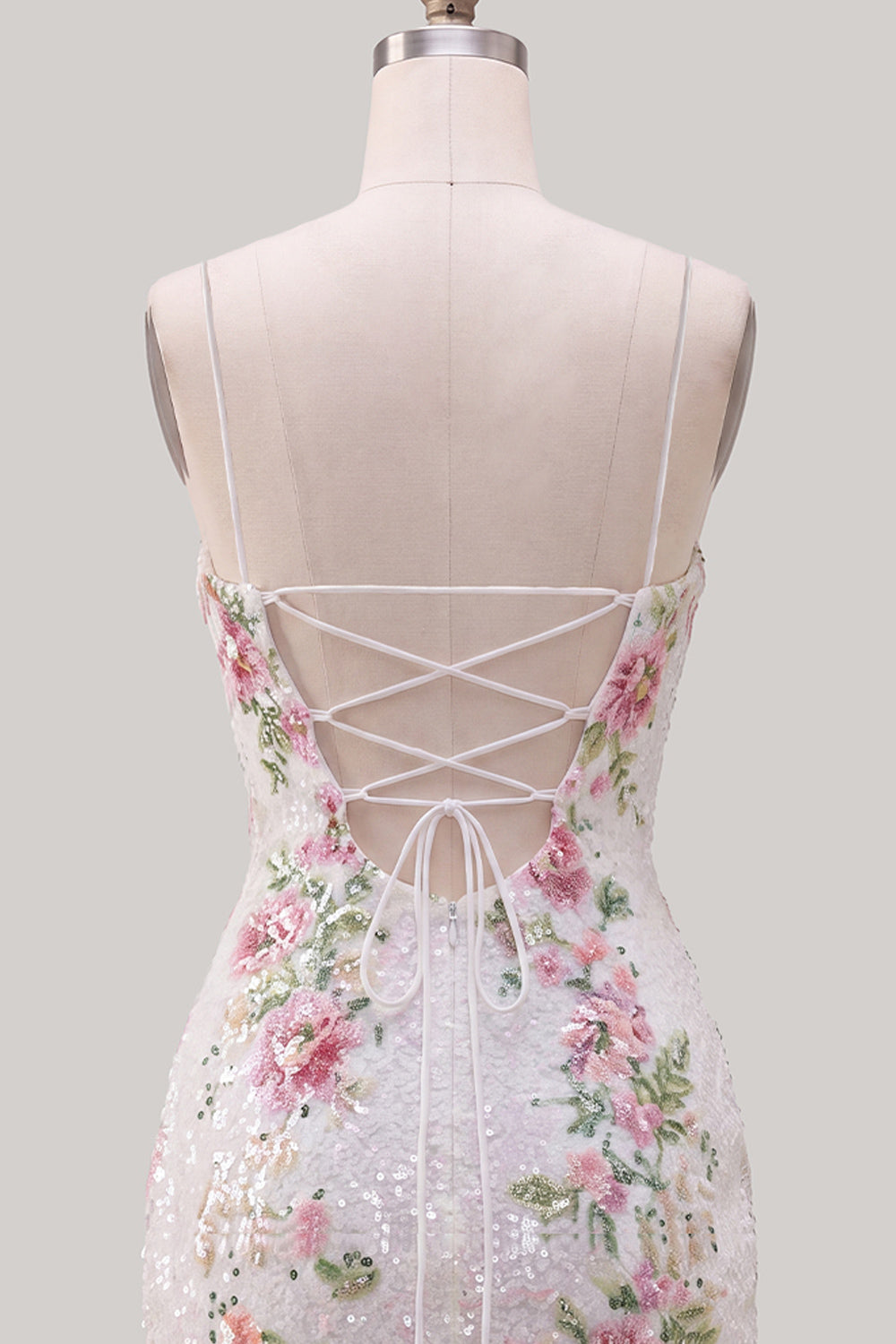 Sparkly White Floral Tight Spaghetti Straps Short Homecoming Dress with Slit