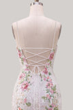 Sparkly White Floral Tight Spaghetti Straps Short Homecoming Dress with Slit
